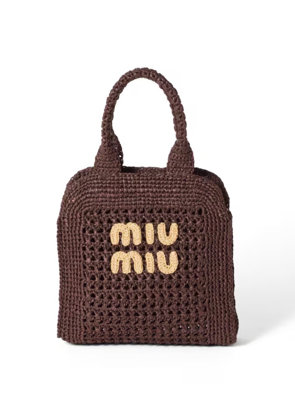 SOLD Miu Miu Brown Crochet Top-Handle Tote with Cream Logo